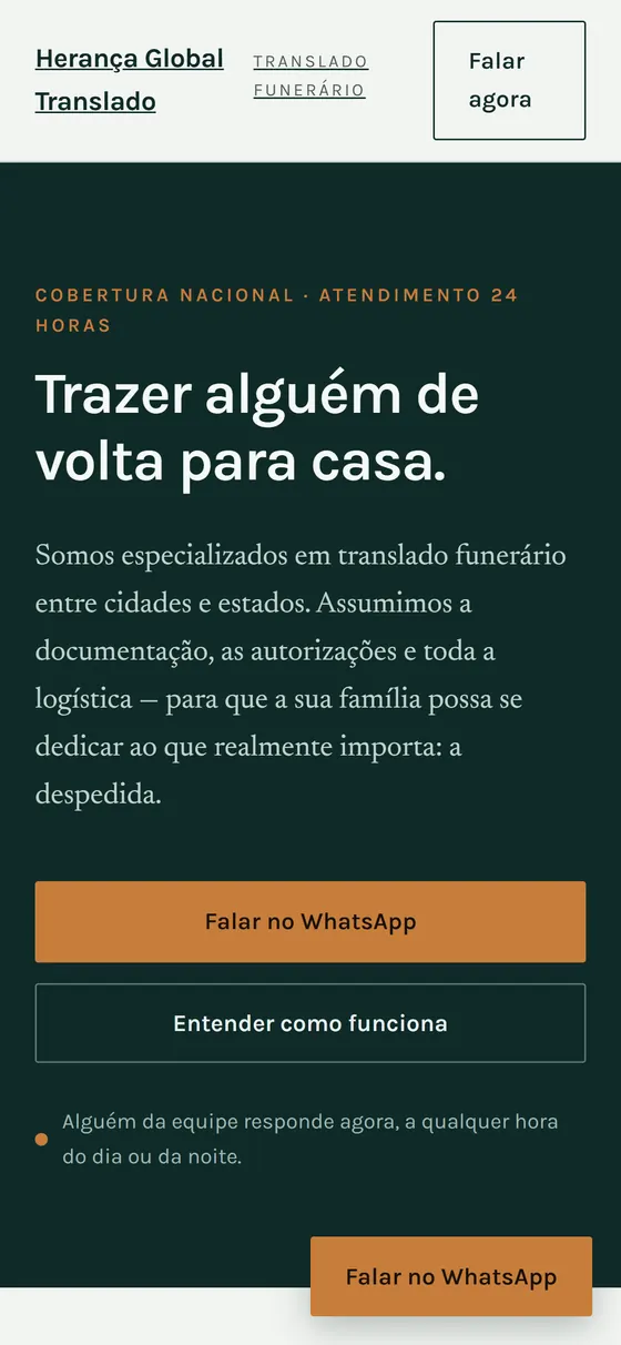 Site da Herança Global Translado no celular